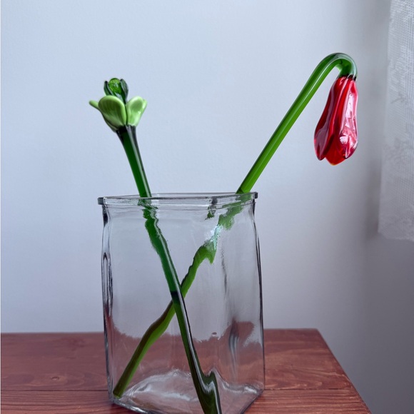 2 Vintage Flowers Murano Style Handblown Glass Valentines Day Gift w/ Vase - Picture 9 of 14